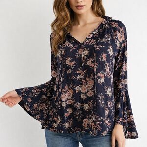 Lucky Brand Women’s Blue Flowy Boho Peasant Floral Top Flared Cuff Size Small